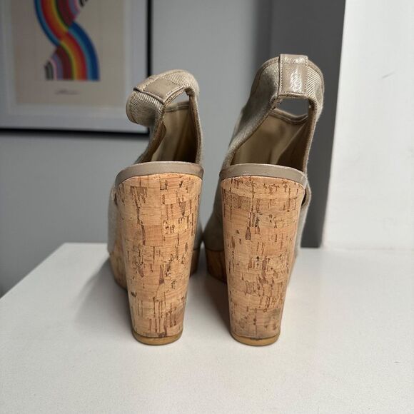 Stuart Weitzman Cork Wedge Platform Sandals with Gray/Tan Cloth Upper Size 9 - Picture 4 of 12